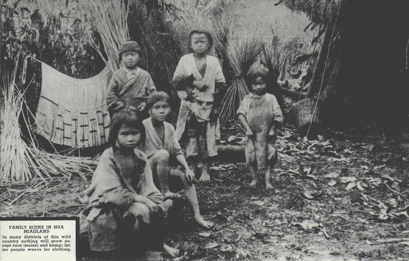 FAMILY SCENE IN HUA MIAOLAND

In many districts of this wild country nothing will grow except corn
(maize) and hemp; latter people weave for clothing.