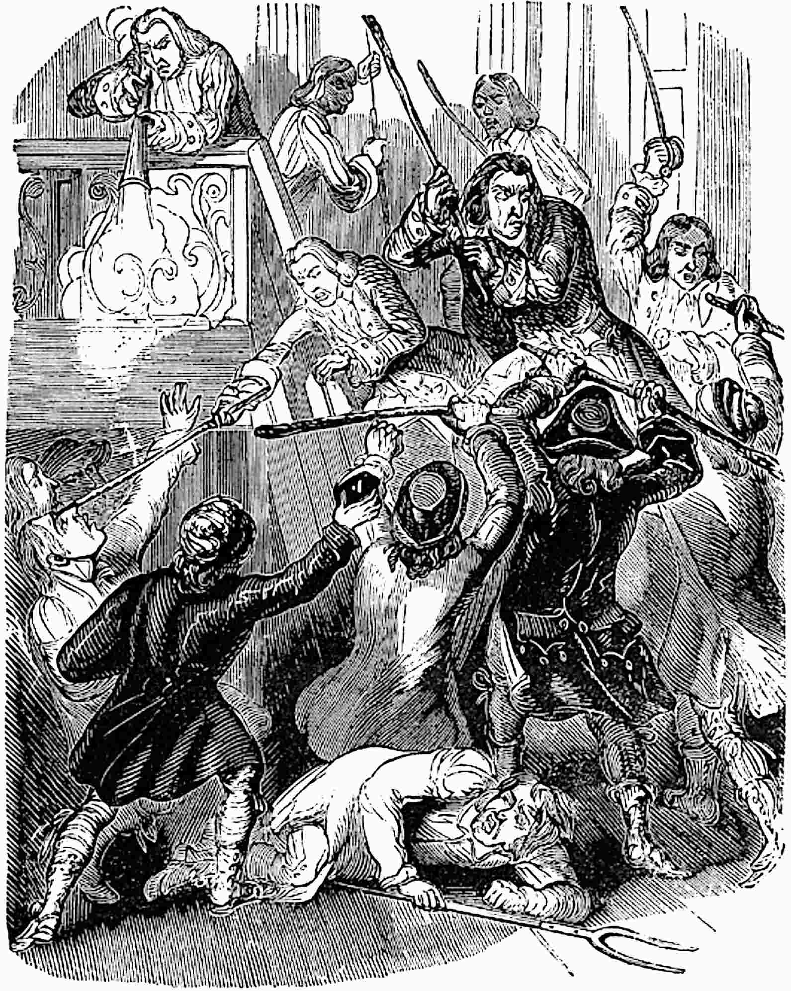 The conflict between the mob and Varney’s servants.