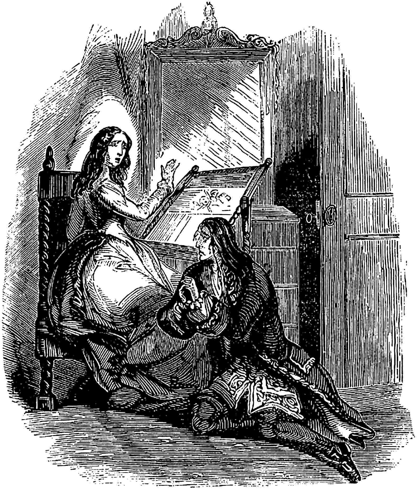 Varney kneels at the feet of Flora Bannerworth after his
escape from the mob