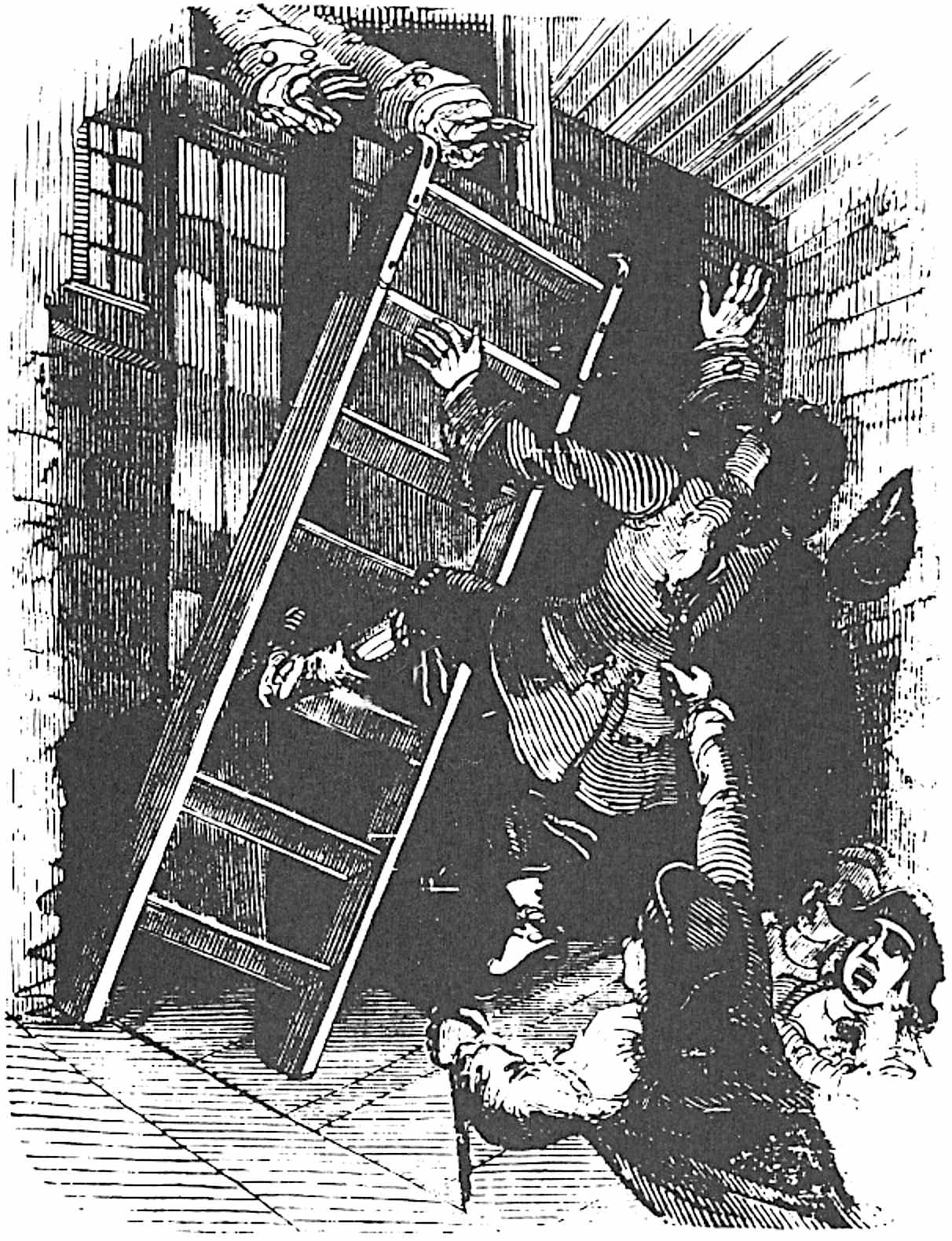 Varney flings back the ladder against the men.