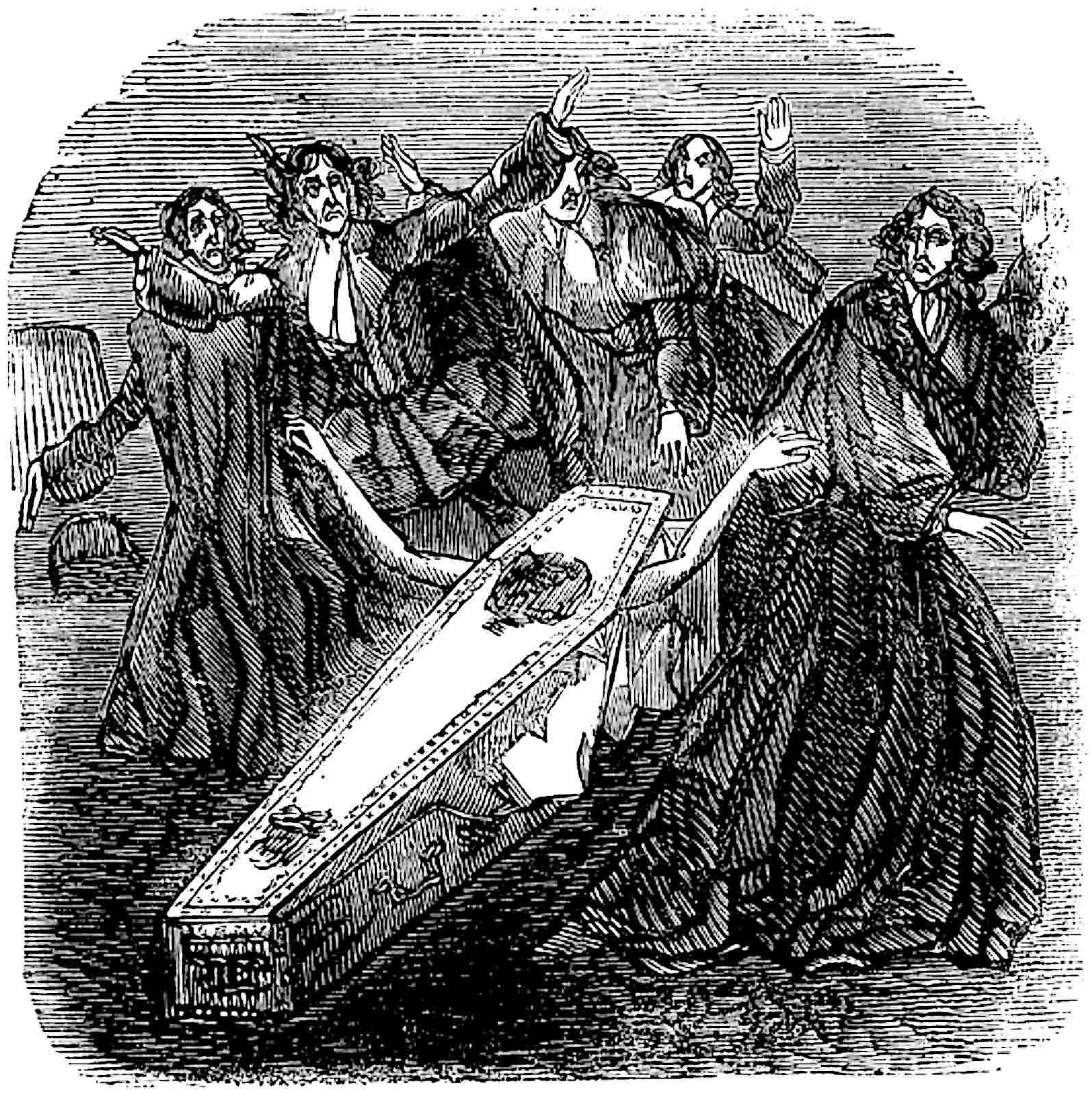 The corpse’s arms grasp at the
    earth around its coffin, as the vampyres watch
