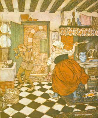 Many's the beating he had from the broomstick or the
ladle.
