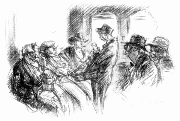 A shaggy, unshaven, rawboned man, gray-haired and collarless, sat near the window and uttered convincing imitations
of the sounds made by chickens, roosters, pigs, goats and crows
