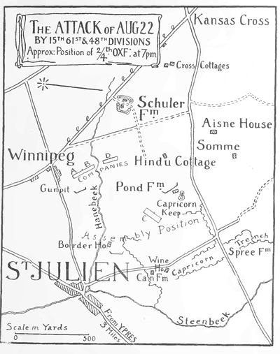 The Attack Of Aug 22 By 15th 61st &
48th Divisions
Approx: Position of 2/4th. OXF. at 7 pm.