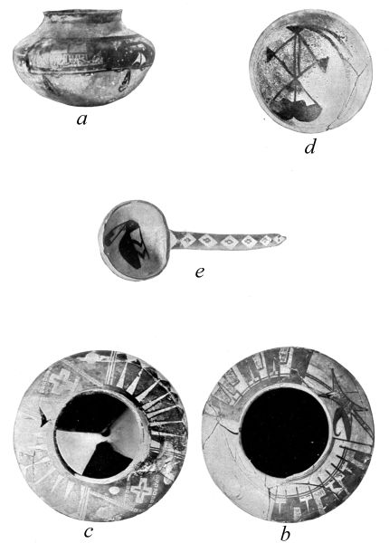 PL. CXLII&mdash;
VASES, BOWL, AND LADLE, WITH FIGURES OF FEATHERS, FROM SIKYATKI