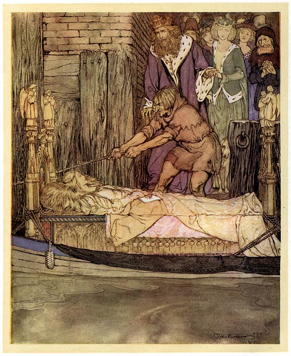 Het bootje met de doode maagd van Astolat v&oacute;&oacute;r het paleis te Westminster.