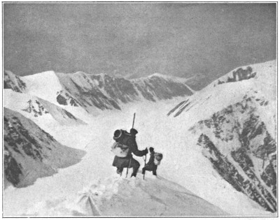 Beginning the descent of the ridge;
looking down 4,000 feet upon the Muldrow Glacier.