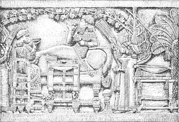 Fig. 28.&mdash;Feast of Assurbanipal, continued. No. 2, The
king and queen at table. Drawn by Saint-Elme Gautier.