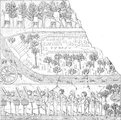 Fig. 157.&mdash;Plan and elevation of a fortified city; from
Layard.