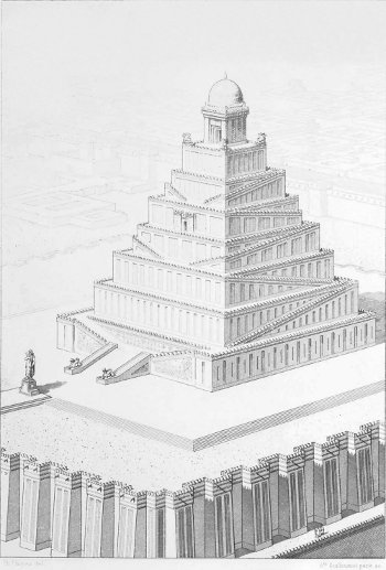 PLATE III. CHALD&AElig;AN TEMPLE
SQUARE ON PLAN AND WITH DOUBLE RAMP
Restored by Ch. Chipiez.