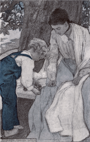 Illustration:
Woman and boy playing with chestnuts.