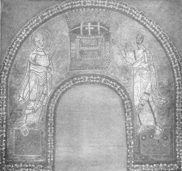 MOSAIC OF SS. PETER AND PAUL POINTING TO A THRONE, ON GOLD
 BACKGROUND