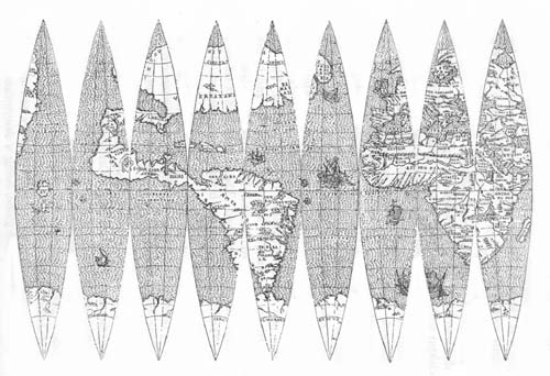 Terrestrial
Globe of Robertas de Bailly, 1530. Nine of twelve gores exhibiting the
map.