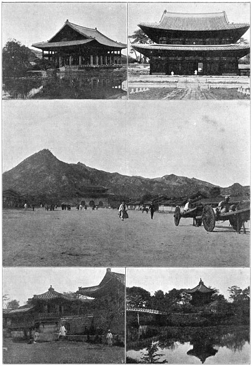 De lotoszaal in &rsquo;t Noord-Paleis. De groote troonzaal in &rsquo;t Noord-Paleis. Poort van &rsquo;t Noord-Paleis (Stadszijde). Paviljoen in &rsquo;t Zomer-Paleis. Theekoepel in &rsquo;t Zomer-Paleis.