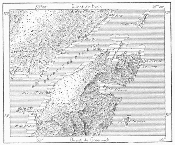 STRAITS OF BELLE ISLE, SHOWING SITE OF EARLY NORMAN FISHING
    STATION AT BRADORE.