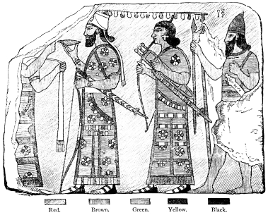 Fig. 76.&mdash;Glazed Terra-cotta, from Nimrud.

Red. Brown. Green. Black.