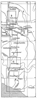 Fig. 18&mdash;Index map for the nine regional diagrams in the
pages following. A represents Fig. 17; B, 42; C, 36; D, 32; E, 34; F,
25; G, 26; and H, 65.