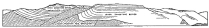 Fig. 174&mdash;The structural relations of the strata on the
border of the Majes Valley at Aplao, looking west. Field sketch from
opposite side of valley. Height of section about 3,000 feet; length
about ten miles.