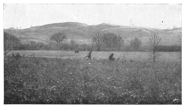 Fig. 34. Hummocky moraine hills in the background and a level gravel plain&mdash;an
ancient glacial-stream flood-plain&mdash;in foreground.