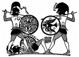 Combat between Menelaus & Hector (in the Iliad)

From a platter ascribed to the end of the seventh century in the British
Museum. This is probably the earliest known vase bearing a Greek
inscription. Greek writing was just beginning. Note the Swastika.