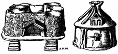 Hut urns, the first probably representing a
lake-dwelling.... After Lubbock.