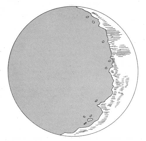 the indentation of the terminator and illuminated summits of mountains in the dark part
of the moon