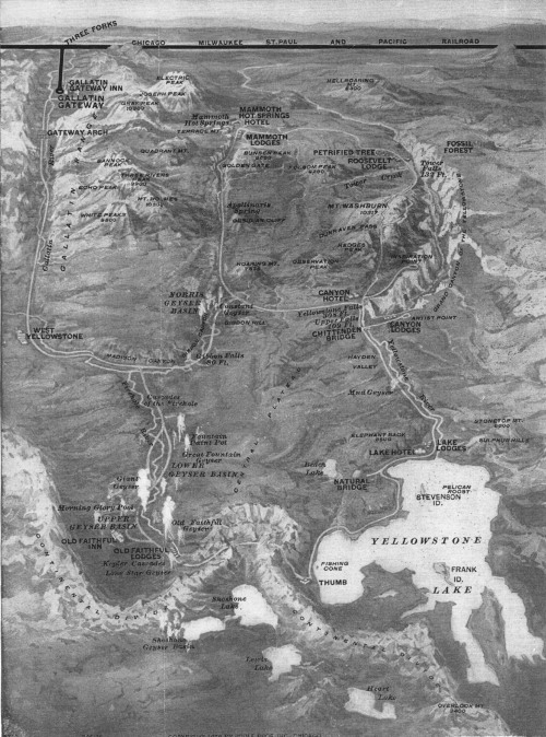 This relief map of Yellowstone shows all the features of the Park, the road from Gallatin Gateway Inn&mdash;the geyser basin, the road over the loop of the Continental Divide, the lake, the river and the circle of road up to Mammoth Hot Springs.