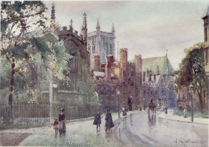 ST. JOHN’S COLLEGE GATEWAY AND TOWER FROM TRINITY STREET

Trinity Chapel is seen on the left behind the trees.