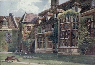 THE OLD COURT IN EMMANUEL COLLEGE

The large stained-glass window of the Hall is seen on the right, and
beyond that the window of the Combination Room. The Dormer window of
Harvard’s room is seen on the extreme left.