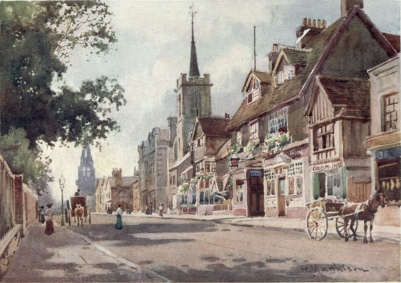 THE OLD CASTLE INN

Now styled “Ye Olde Castel Hotel.” The Baptist Church and the Police
Courts are seen just beyond, and the Roman Catholic Church in the
distance. The near trees are in the grounds of Emmanuel College.