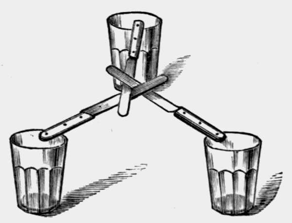 three
knives balanced on three glasses