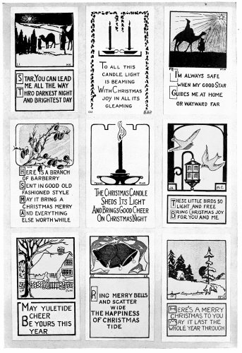 Plate 4

Another Page containing some simple compositions. By using subdued tones
of green, red and white on a gray or buff paper, very interesting color
effects may be obtained. These were made by students in high school
grades.
