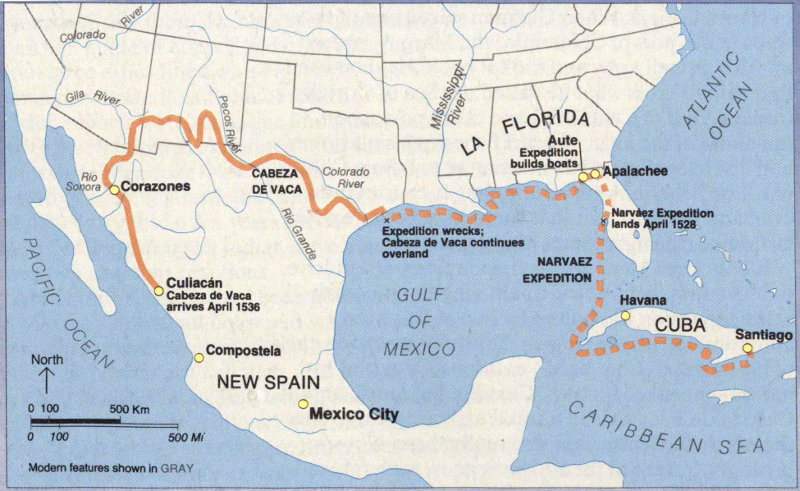 Routes of Narv&aacute;ez and de Vaca