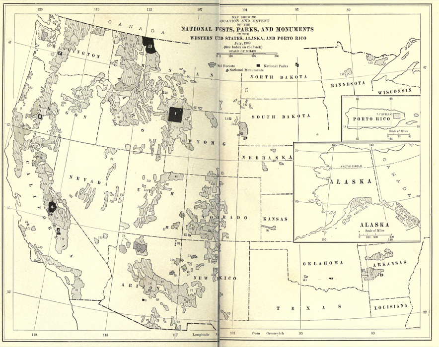 Map showing the National
Forests, Parks, and Monuments of the United States