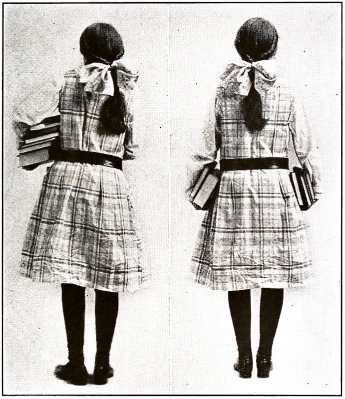 A girl holding incorrectly
holding books contrasting with a girl holding books correctly