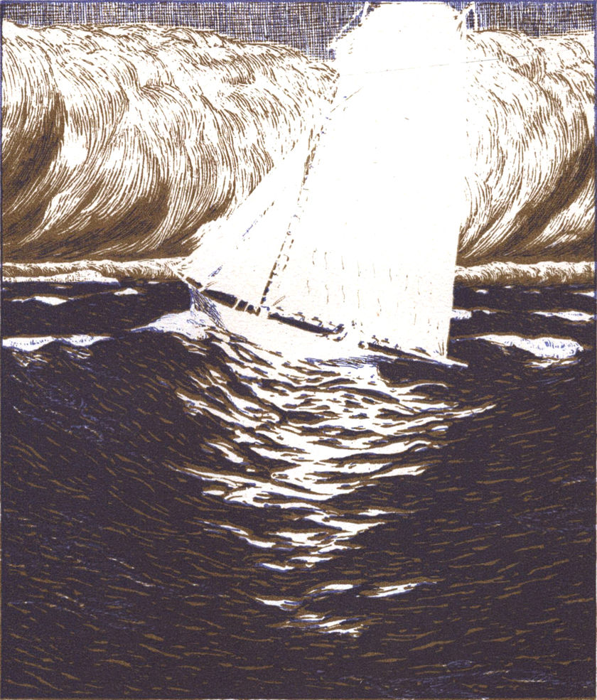 Ein Segelschiff mit weißen
  Segeln auf dem Meer