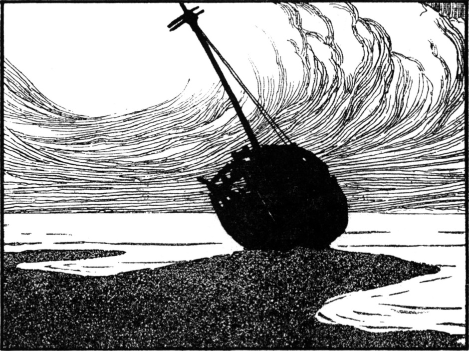 Ein Schiff liegt auf Land