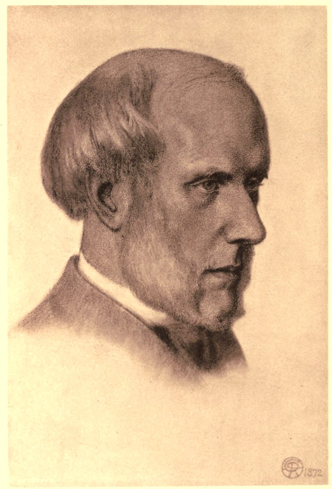 Sepia-toned profile portrait of Thomas Gordon Hake with short hair and sideburns, facing right, dated 1872