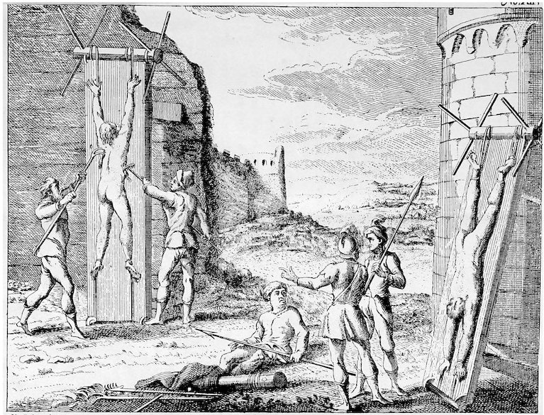 A historical black-and-white engraving depicting methods of outdoor torture or punishment near a stone castle. On the left, a naked man is tied upright to a vertical wooden frame while two men use sharp hooks and tools on his torso. On the right, another naked individual is tied upside down to a similar tilted frame. In the center, soldiers with spears sit and stand, conversing while watching the events.