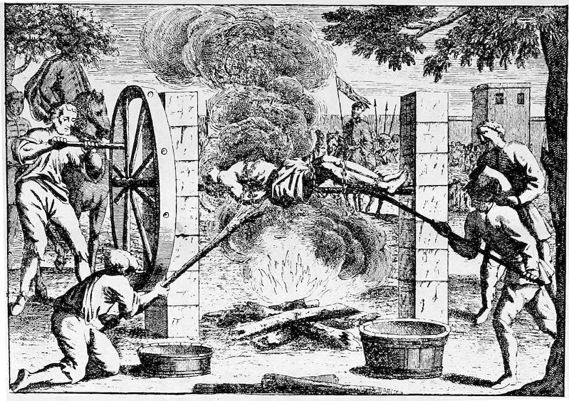 A historical black-and-white engraving depicting a public execution or torture by roasting. A person is bound to a large wooden spit that is being turned over an open fire by executioners using a large wheel mechanism on the left. A crowd and onlookers on horseback watch in the background.