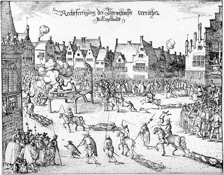 A detailed, historical German engraving titled “Rechtfertigung der Vornehmste verräther In Engellandt” (Execution of the principal traitors in England). It depicts a bustling public square in a European city where multiple prisoners are being drawn on hurdles by horses, while others are being hanged, drawn, and quartered on a large wooden scaffold before a massive crowd.