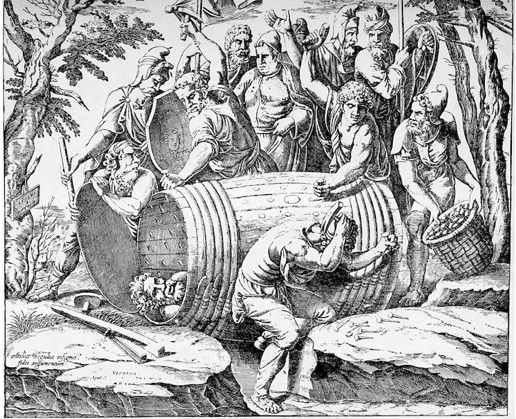 A historical classical-style engraving depicting the torture of a man, likely Roman general Marcus Atilius Regulus. A crowd of classical soldiers and men look on as a man is forced inside a large wooden barrel lined with sharp spikes, which workmen are actively hammering into place.