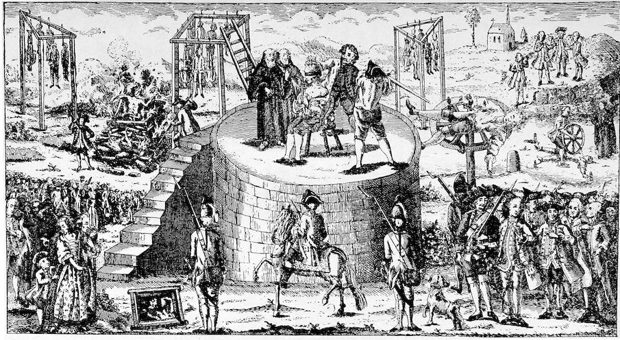 A wide historical engraving depicting various methods of capital punishment taking place simultaneously in an open landscape. In the center, a raised circular stone platform holds a gallows and a breaking wheel. In the background, multiple bodies hang from gallows, a person is burned at the stake, and a crowd gathers to watch.