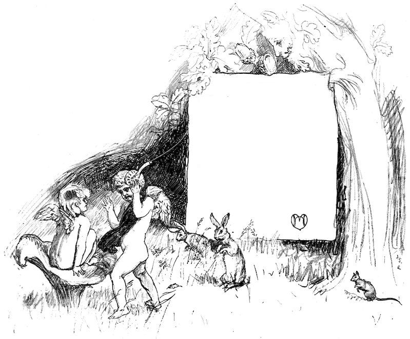 Black and white illustration of two winged cherubs, woodland rabbits, and a field mouse near a parchment bearing a short poem.