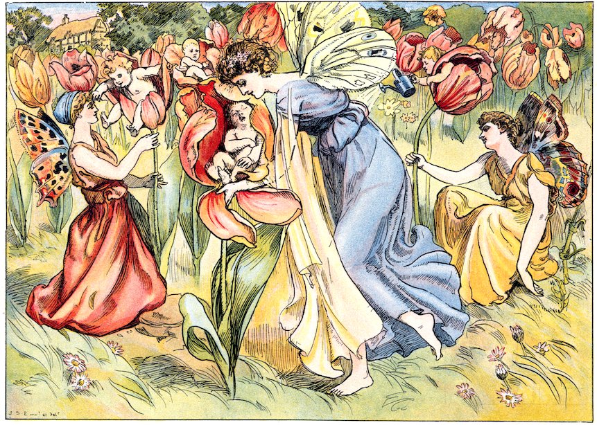 Illustration of butterfly-winged fairies tending to tiny human babies nestled inside large pink tulips in a garden field.
