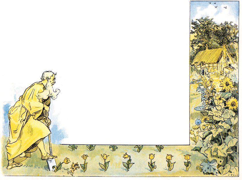 Story page illustration showing an old man with a shovel looking down at a tiny fairy in a tulip bed, with a thatched cottage border on the right.