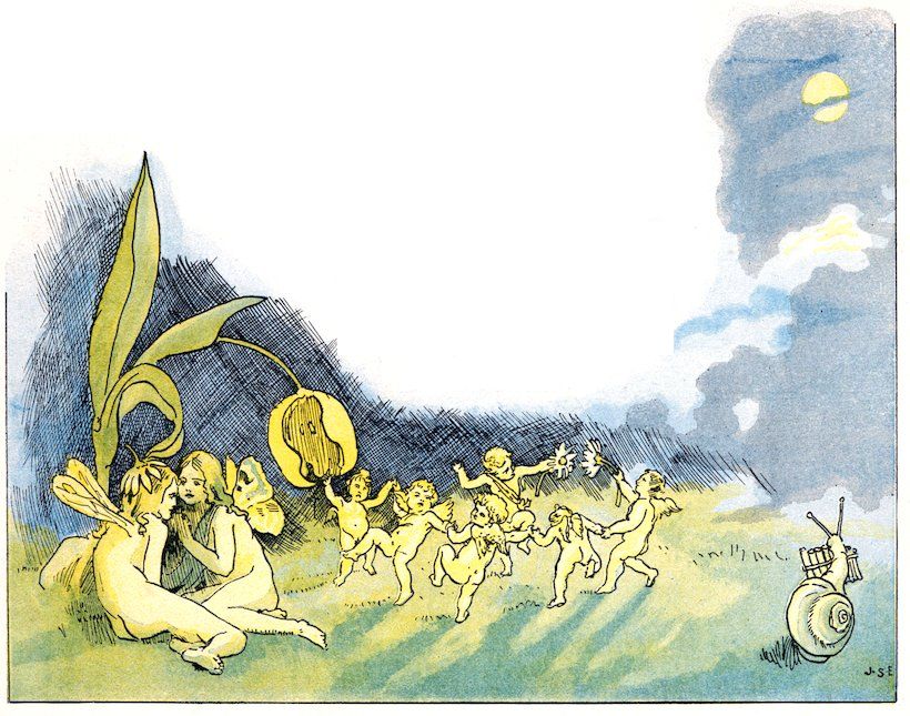 Story page illustration showing a group of tiny fairies dancing on a lawn at night beneath a drooping yellow tulip while a snail plays a pan flute.