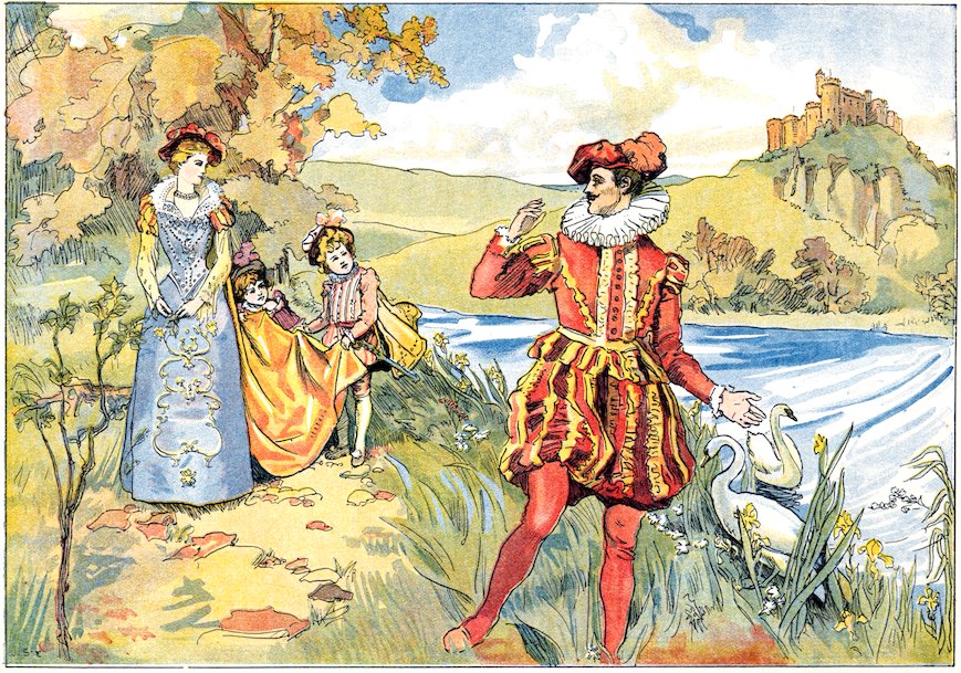 Color illustration of a royal family in Renaissance attire on a riverbank, with a man gesturing toward swans and a castle on a distant hill.