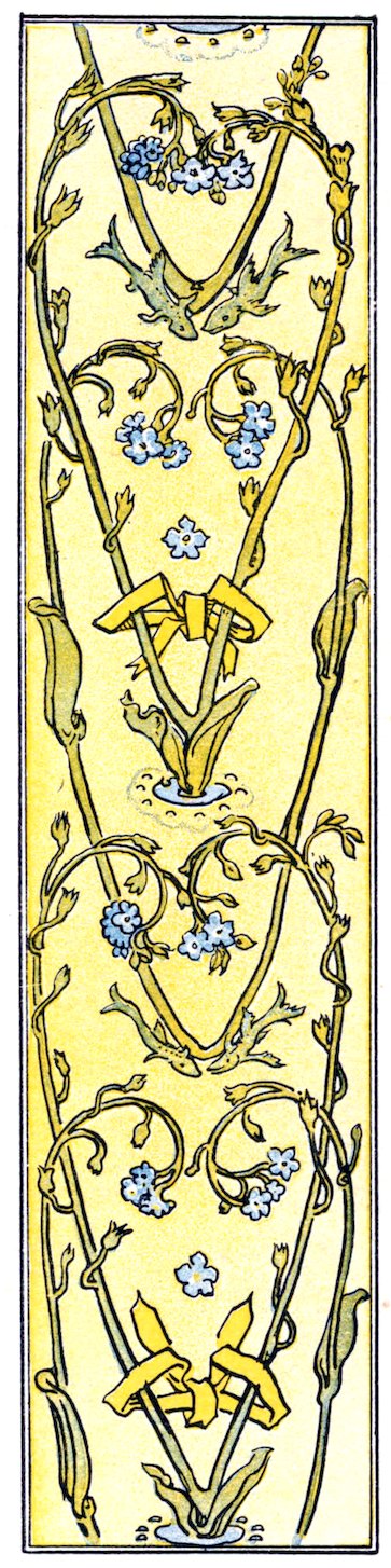 Art Nouveau style decorative border panel featuring a symmetrical design of forget-me-not flowers, vines, and small yellow bows on a pale background.