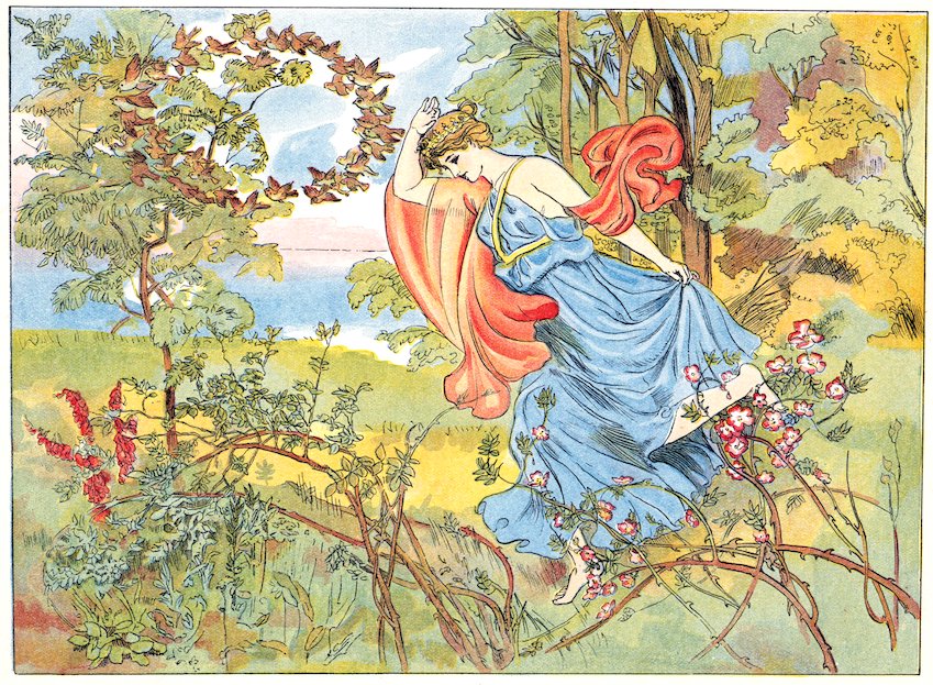 Illustration of a crowned woman in a blue gown and red cloak dancing through a field of thorny wild roses beneath a swirling flock of small birds.